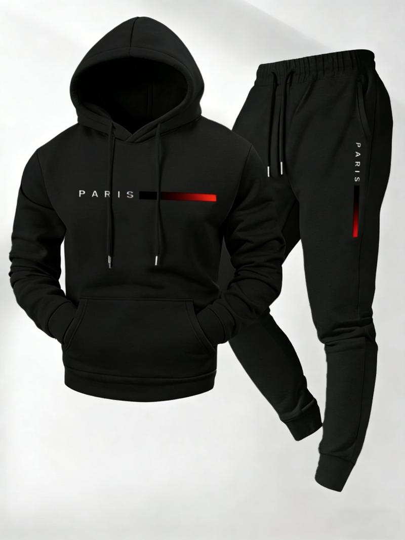 Men's Casual 2-Piece Set Featuring Paris Letter Print Hoodie with Drawstring & Jogger Pants Long Sleeve Activewear for Daily Wear Home Workouts