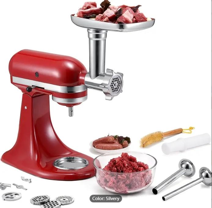 Metal Food Grinder Attachments For KitchenAid Stand Mixers, Meat Grinder, Sausage Stuffer, Perfect Attachment For KitchenAid Mixers, Silver (Machine/Mixer Not Included)
