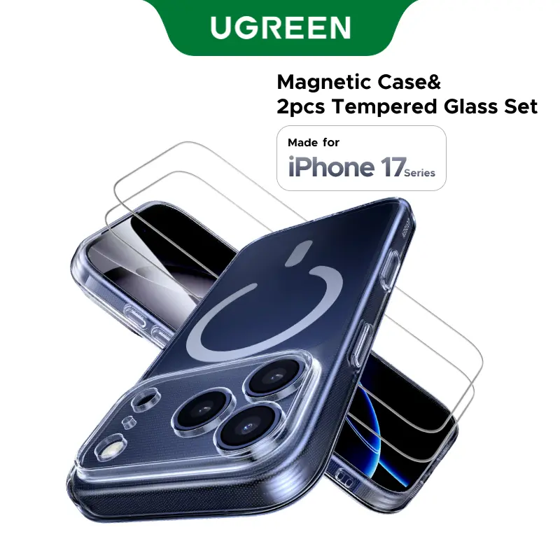 UGREEN Magnetic Casing for iPhone 17 Series with 2pcs 9H Tempered Glass Screen Protectors, Military-Grade Drop Protection, MagSafe Compatible, 360°Full Protection for Smartphones/Cellphones/Handheld Devices, Durable, Anti-Yellowing, Shockproof