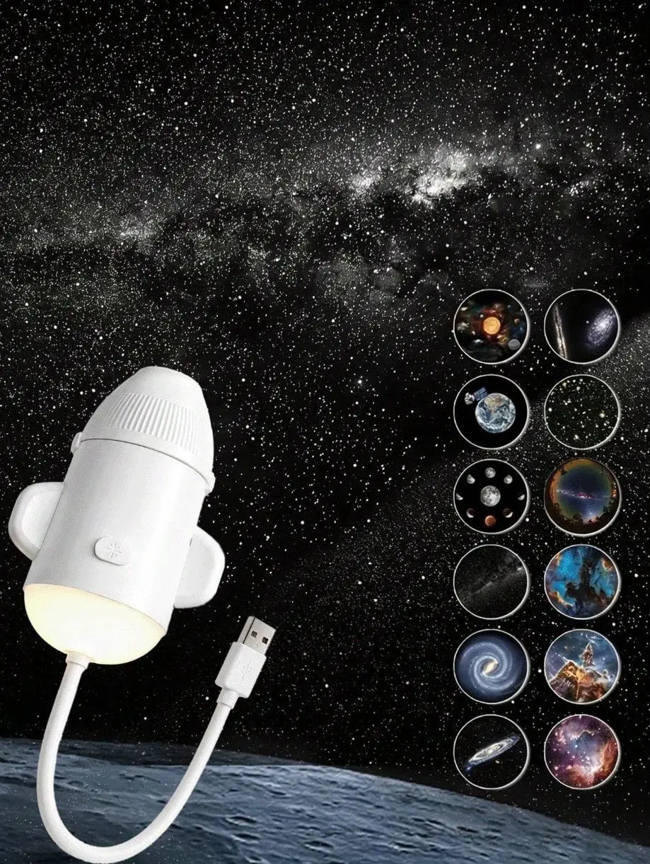 USB Rocket-Shaped Galaxy Projector Lamp - 12 Interchangeable Starry Sky Films, Warm Glow, Light Effects, 1-Button Control, Adjustable Angle for Bedroom, Desk, Car Decor