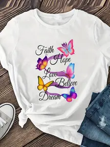 [Butterfly Print T-Shirt] Vibrant Butterfly & Floral Design Women's "Butterfly" Print T-Shirt |   Casual Loose Fit, Short Sleeve, Round Neck, Medium Stretch, Spring/Summer/Fall Fashion Tee