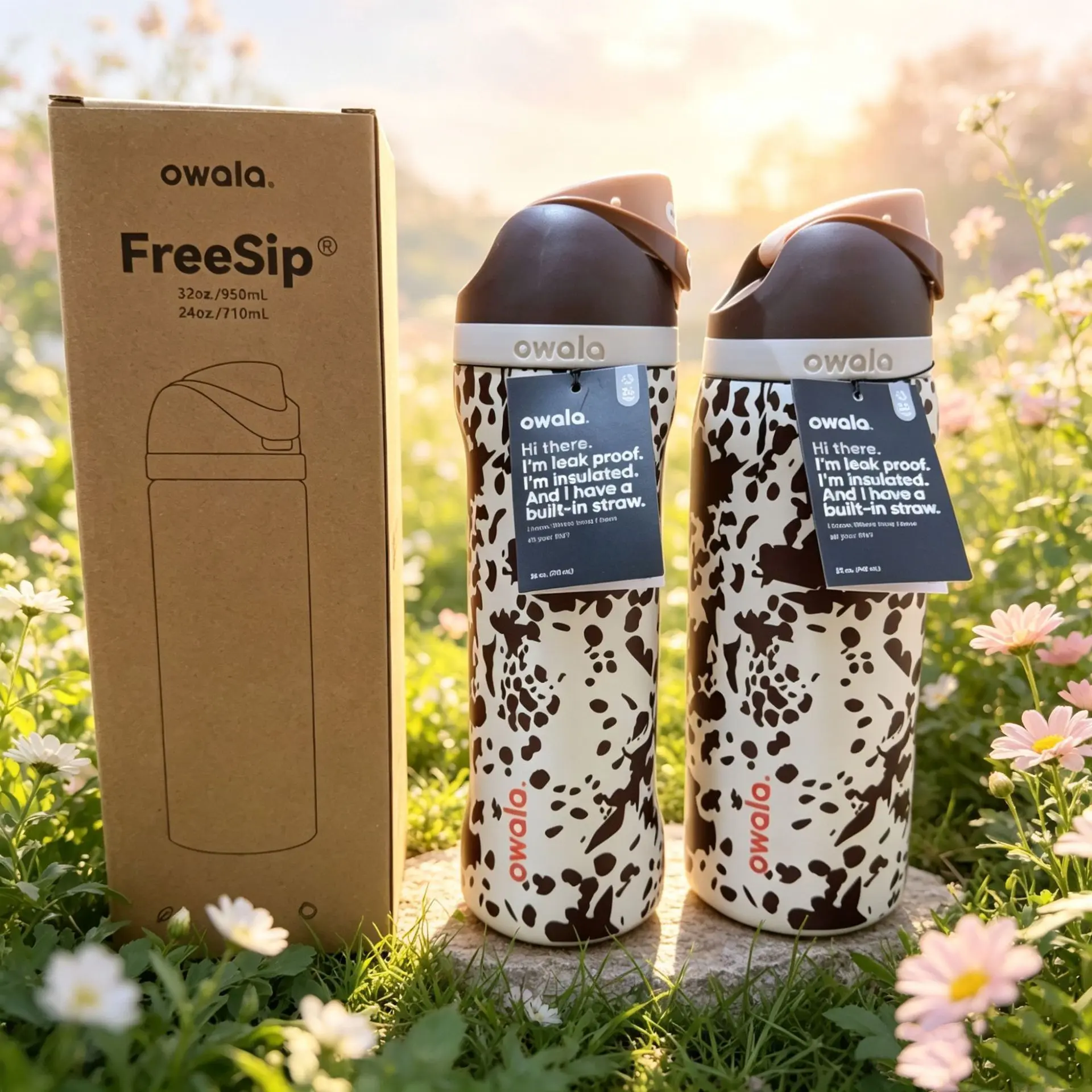 Trending Owala FreeSip insulated water bottle with a cute goose design, Western cowboy style, 32 oz capacity, made of stainless steel