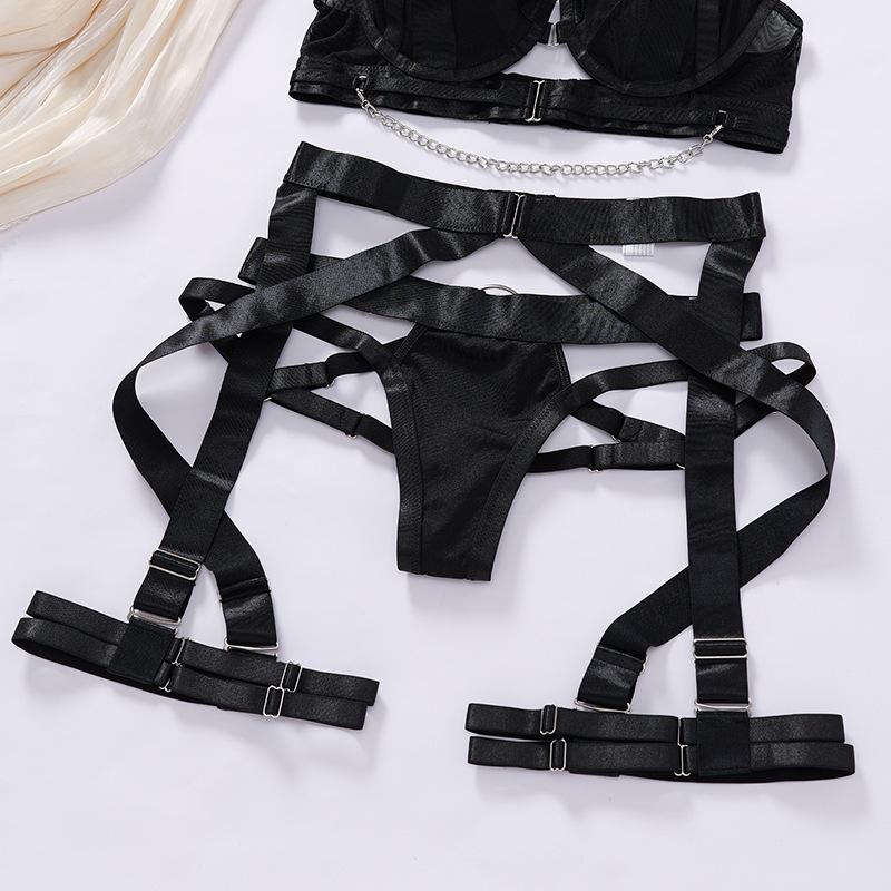 Valentine's Day Black Satin Lingerie Set for Women, Chain Harness Bustier with Crisscross Garter Straps, Romantic for Honeymoon/Anniversary, Sexy Lingerie, Set, Women, Sneaky Floral Ruffle Sleeve V Neck Push Up Bikini Custom Rhinestone Lace