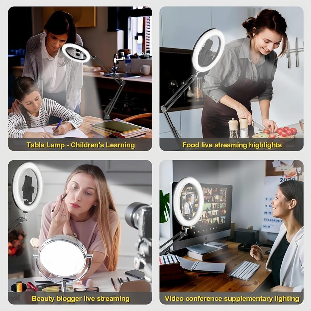 Adjustable Mechanical Arm Phone Mount with 10" Dimmable Ring Light & Remote, LED Selfie Ring Light for Desk with Phone Holder Fill Lamp, 1/4" for Camera, Universal For 4.7-7" Phone, for Selfie YouTube Tiktok Live Stream Cooking Video Recording Vlog