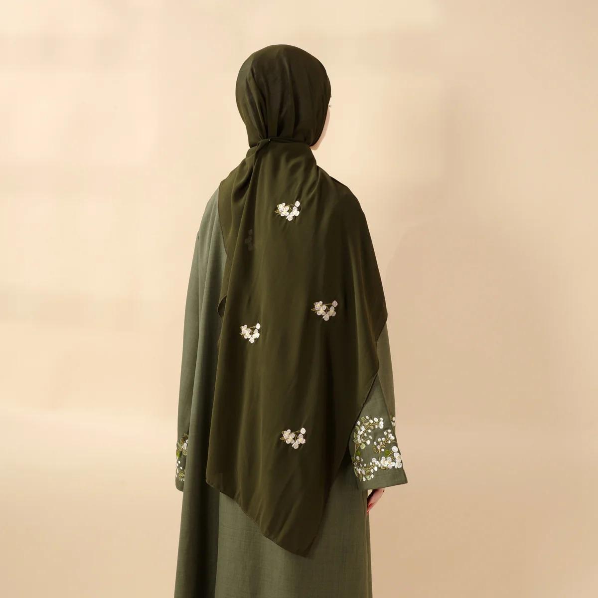 Olive Branch Embroidered Linen Abaya Set | 4-Piece Handmade Design | Jasmine & abaya coats | Symbol of Peace & Resilience | Includes Open Abaya, Inner Dress, Hijab, Belt | Modest Fashion | Full-Length, Wide Sleeves | Perfect for Weddings elega