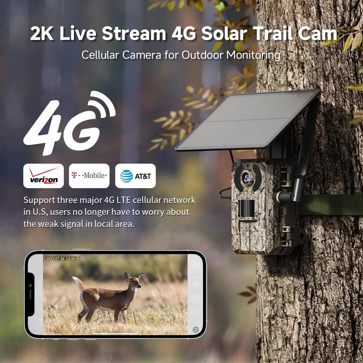 [Summervibes] Solar Powered Wireless 4G LTE Trail Camera- 2K Live Video,WiFi Not Supported, Remote APP Controlled, WaterProof, Motion Activated, Night Vision, 4G Data Cellular Card Included (Data refill is required for Unlimited 4G data usage) tiktokshopb