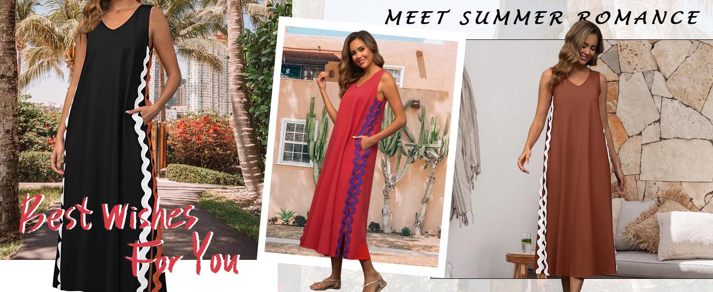 Ebossy Women's Summer Beach Boho Flowy Maxi Dress Casual Sleeveless V Neck Side Slit RIC Rac Tank Dress Ebossy Women's Summer Beach Boho Flowy Maxi Dress Casual Sleeveless V Neck Side Slit RIC Rac Tank Dress