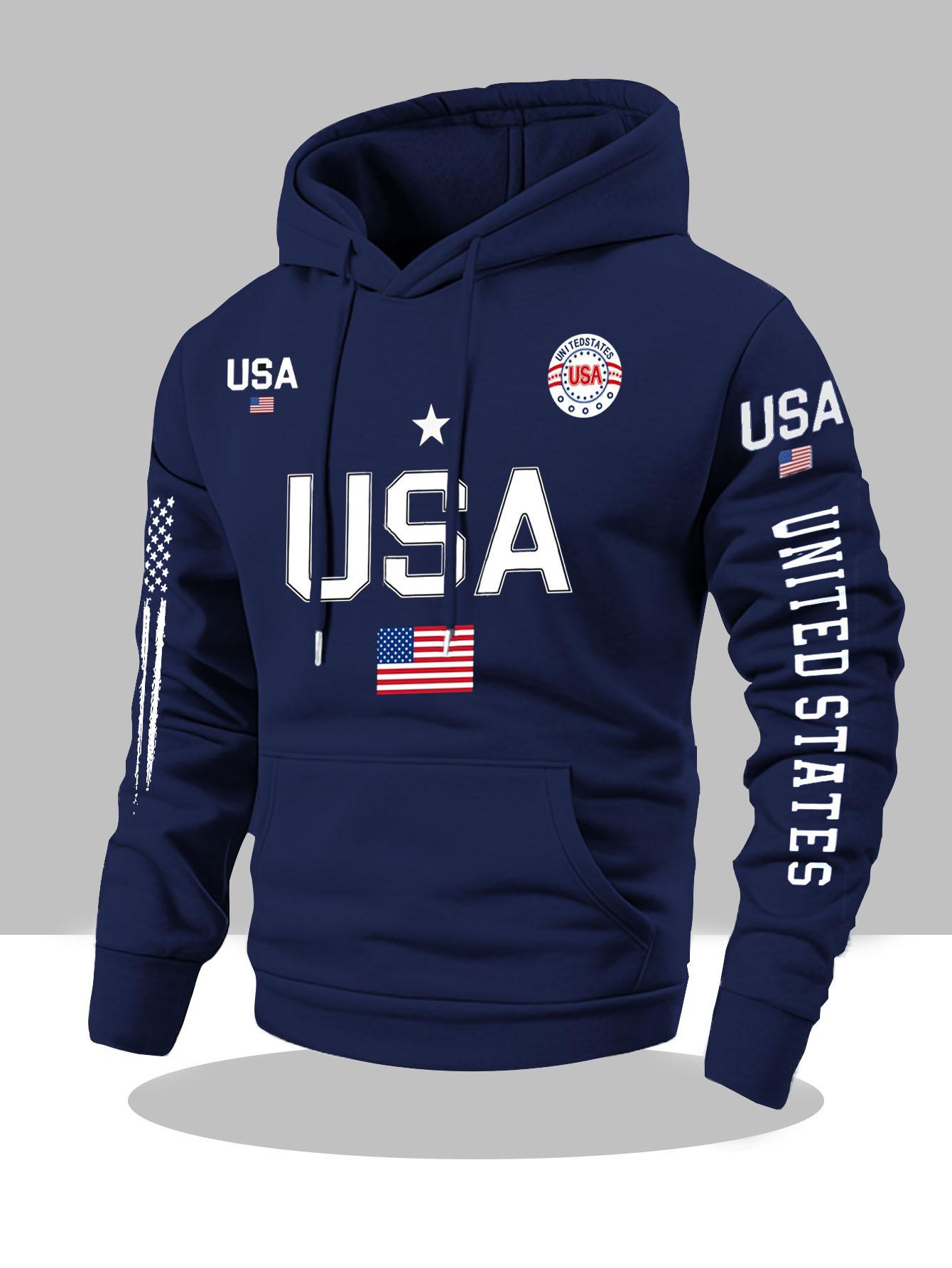 USA Flag Pattern Hoodie for Men & Women Fleece Lined Unisex Casual Knit Pullover for Students Autumn Winter Spring 2026 Sports Sweater