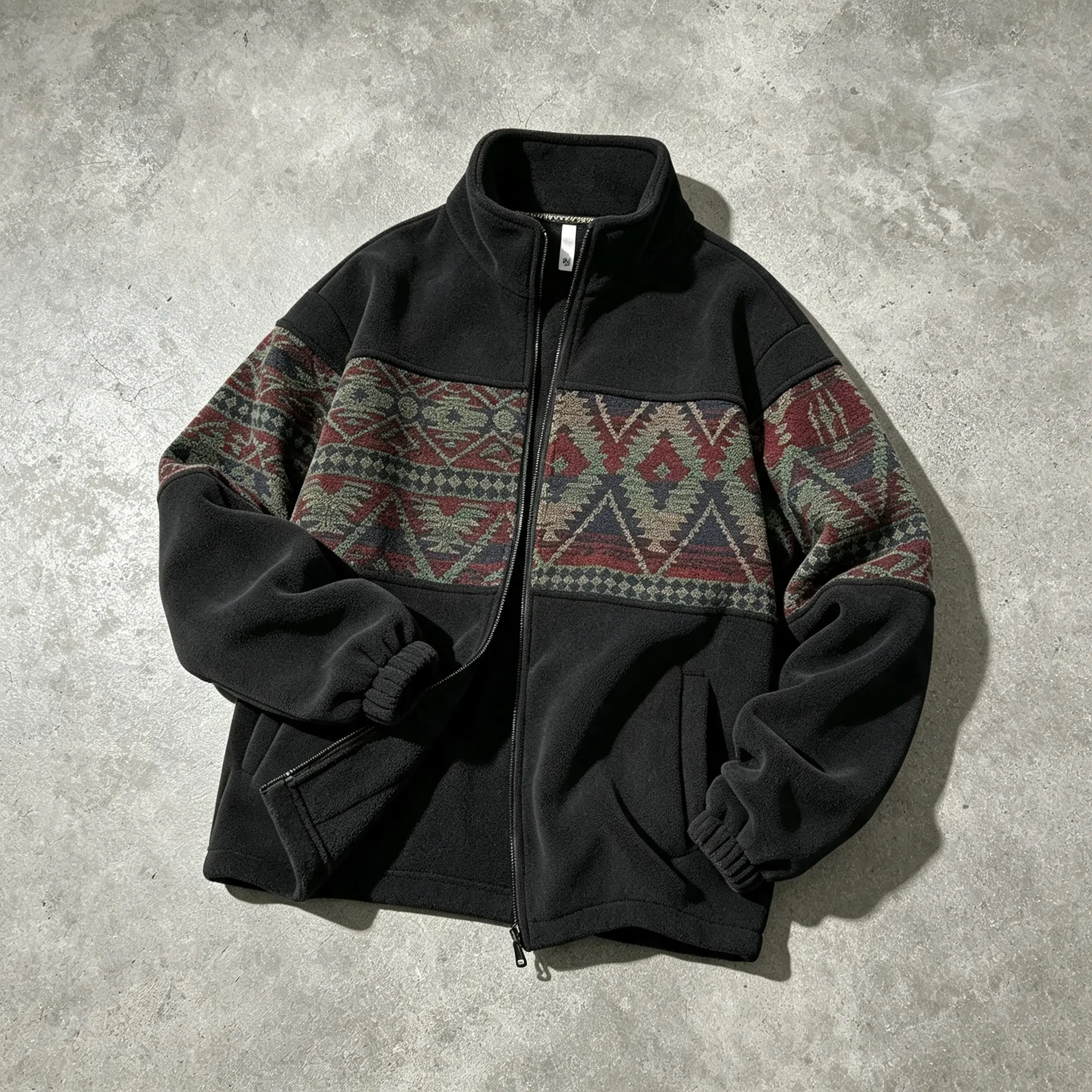 Men's American Navajo-Style Geometric Print Cotton Blend Fleece Jacket - Casual Stand Collar, Retro Color-Blocked, Baggy Oversized Fit, Foldable Thick Long Sleeve Coats, Western Clothing for Autumn Winter Cold Weather Style Wearable Menswear