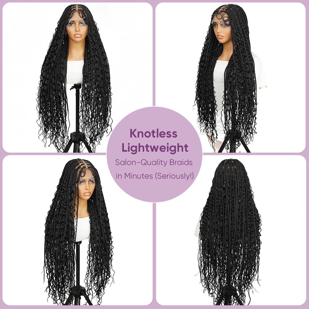 Spring Musts 36 Inches Full Lace Premium Synthetic Fiber Knotless Bohemian Box Braided Wigs Wavy SuperNova Hair DM to Pre-cut Lace