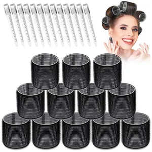 24Pcs Large Hair Rollers Set Including 12 Hair Roller Curlers Self Grip Holding Rollers with12 Stainless Steel Duckbill Clips for Long Thick Hair Volume