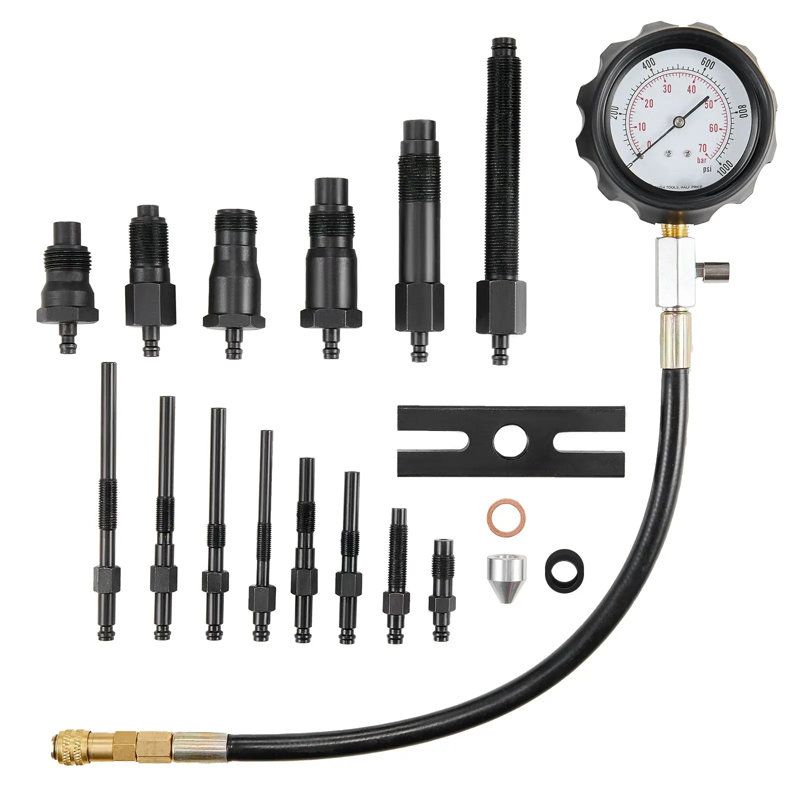 18-Piece Diesel Engine Compression Tester Kit - 0-1000 psi Gauge with Adapters for Cylinder Pressure Testing in Diesel Trucks, Tractors & Equipment
