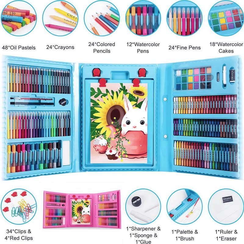 208 PCS Art Supplies, Drawing Art Kit for Kids, Art Set with Double Sided Trifold Easel, Oil Pastels, Crayons, Colored Pencils, Watercolor Pens Gift for Girls and Boys, Pink