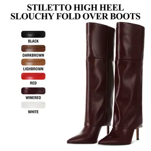 CYNLLIO Knee High Boots for Women Pointed Toe Stiletto High Heel Slouchy Fold Over Elegant Tall Boots Pull on Comfy Wide Calf Concert Party Outdoor Dress Fashionable Spring Shoes Valentine Gifts