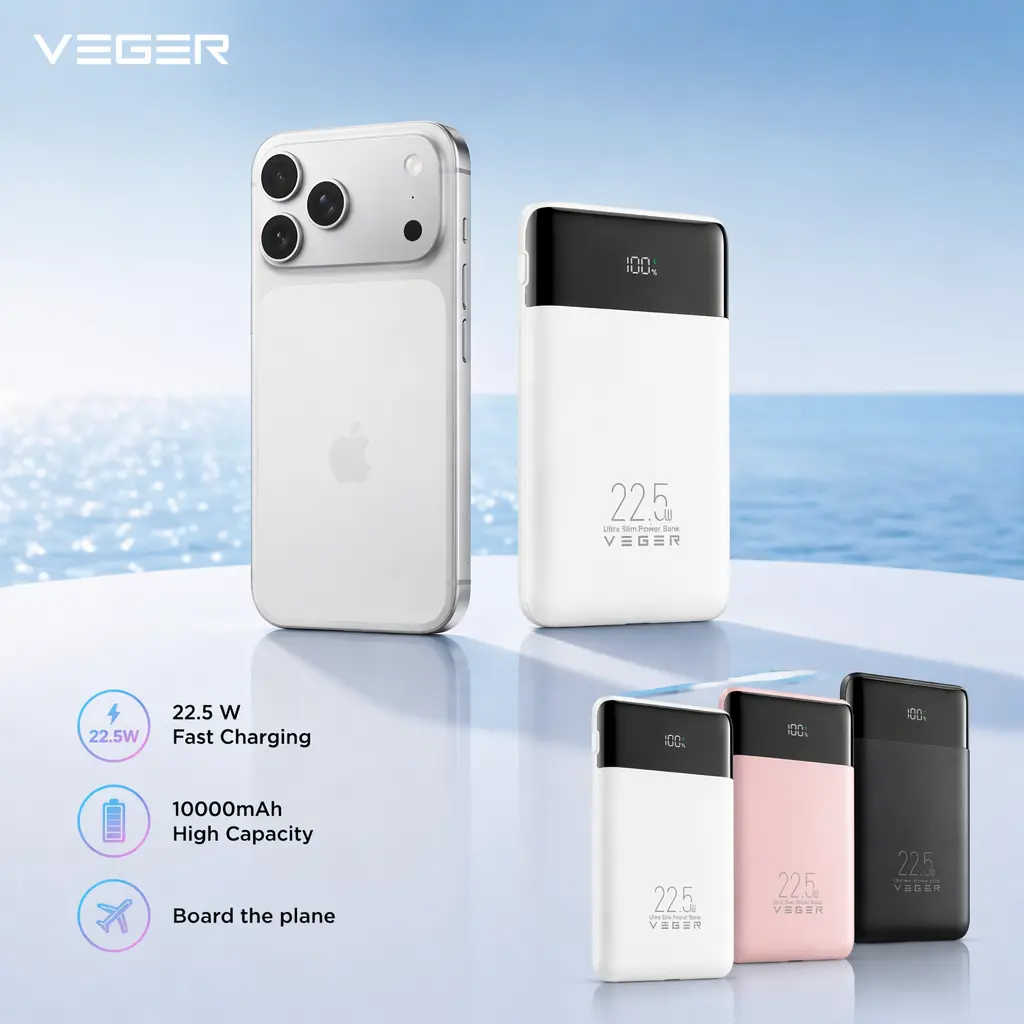 VEGER 22.5W Fast Charging Portable Charger, Slim 10000mAh Power Bank with Built-in Cables, Small USB C Battery Pack for iPhone iPad Samsung Galaxy Pixel LG Moto, Flight Safe, Travel Essential