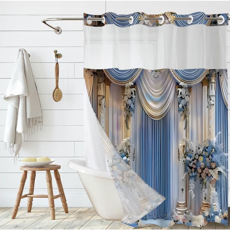 Blue Floral Shower Curtain Set Elegant Draped Design | Hookless, Waterproof, Removable Liner Bathroom Decoration