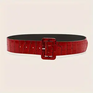 Retro-inspired Red Wide Women's Belt with Glossy Finish Alligator-patterned Texture Square Buckle Adjustable 25.59-37.40 Inches for Formal & Casual Wear