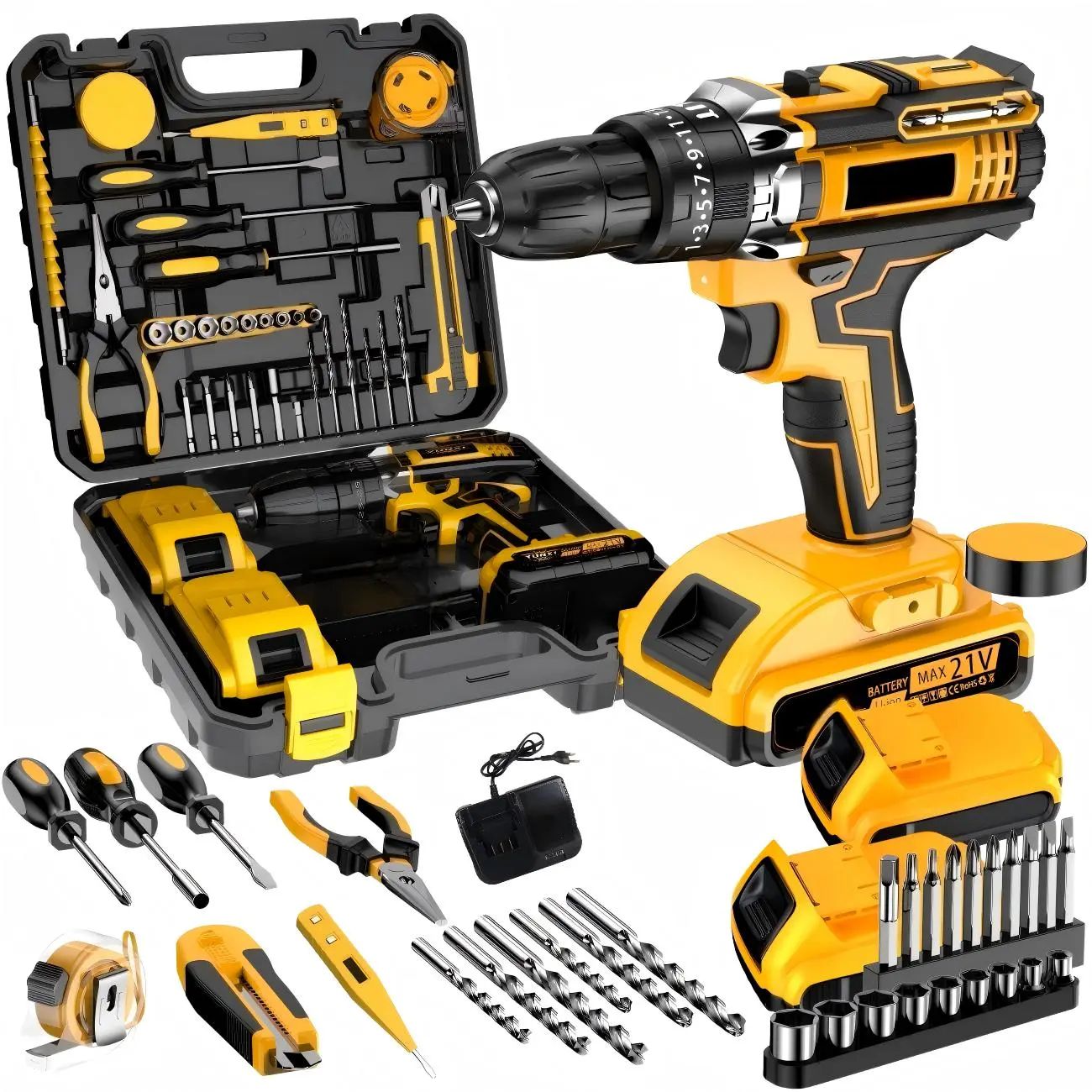78-Piece ABS-Cells Multifunctional Power Tool Combo Kit, 21V Cordless Drill-Screwdriver, Hammer, Tape Measure, Pliers, Precision Work Tools - Ideal for Home DIY, Woodworking, Father’s Day Gift for Men