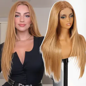 KOME Honey Blonde Synthetic Lace Front Wig,T Part Pre Cut Glueless Long Straight Layered Wigs for Women Cosplay Daily Use 26IN