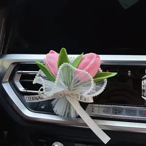Car Vent Decorations, Pink Tulip Bouquet & Fluffy Heart for Center Console, Trunk & Co-pilot, Cute Aesthetic Car Interior Accessories for Women, Trendy Car Dashboard Decor