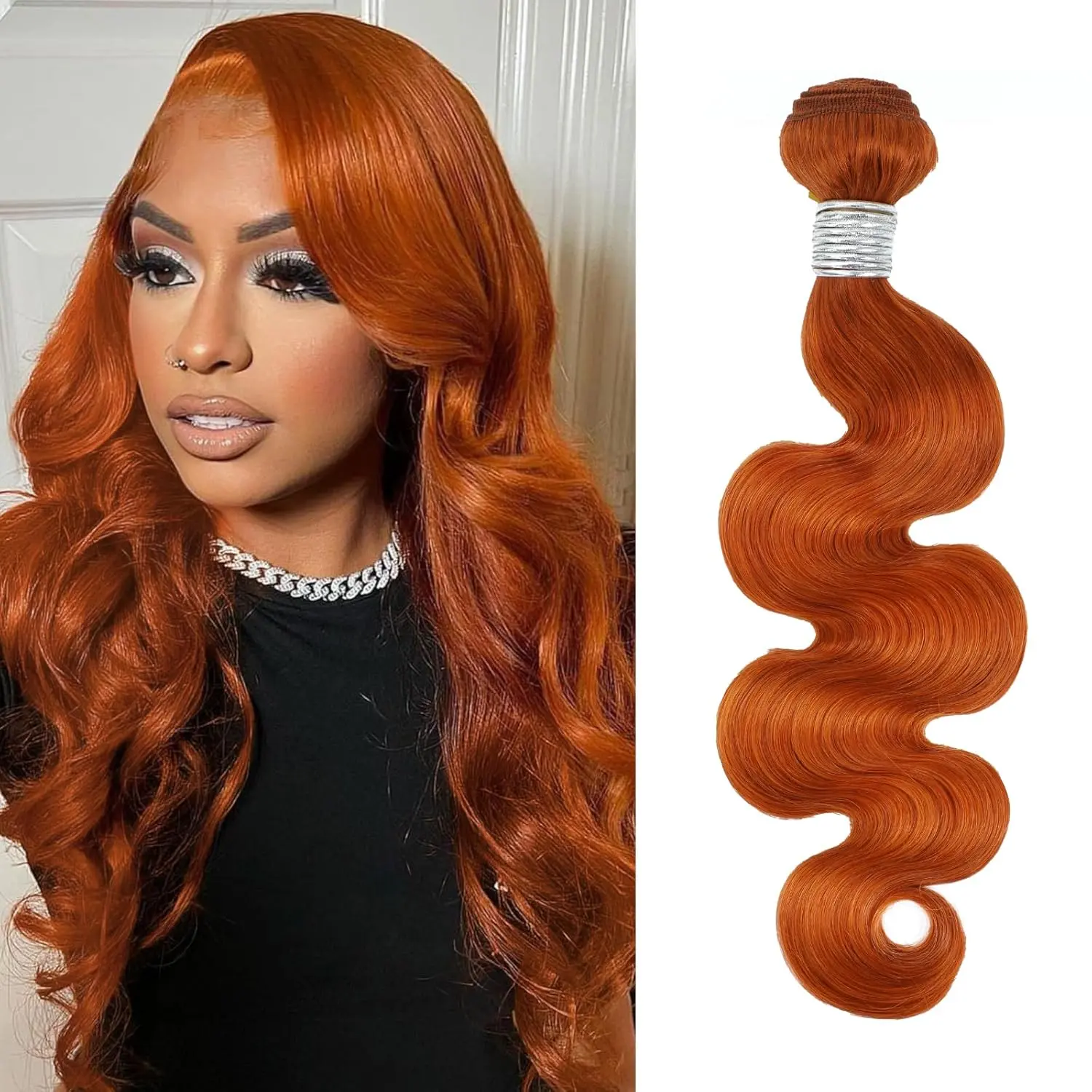 ALHER Ginger Orange Bodywave Hair Bundles, 12A Brazilian Human Hair Weaves, 16 Inch Soft Thick Remy Sew In Extensions for Black Women, Weft Human Hair