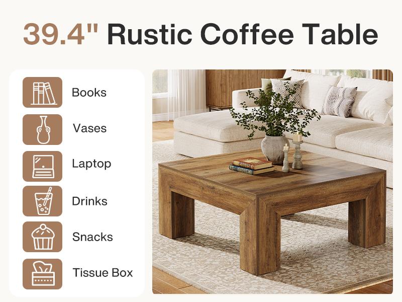 LITTLE TREE 39.4-Inch Square Coffee Table for Living Room, Farmhouse All MDF Accent Center Cocktail Table with Sturdy Wooden Legs, Easy Assembly