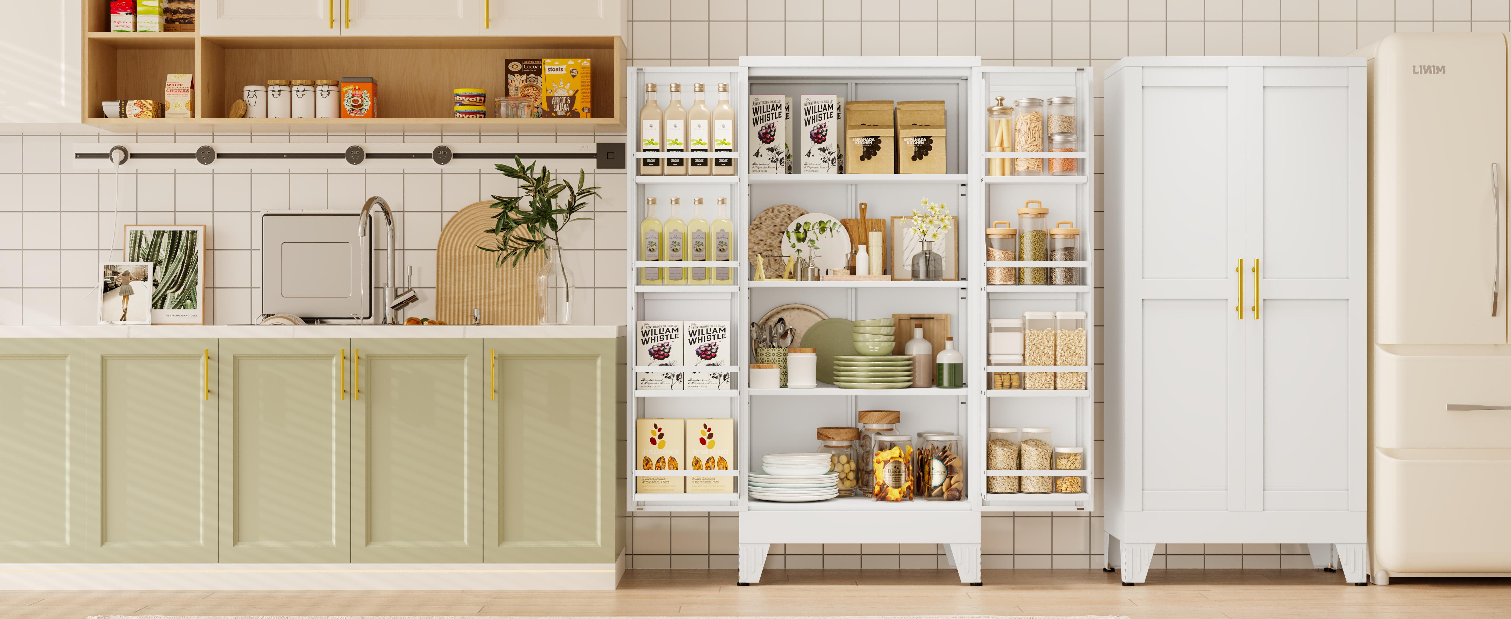 Metal Kitchen Pantry Cabinet,47.24“ Tall Storage Cabinet with 2 Doors, Cupboard with 8 Hanging Shelves and Adjustable Shelves for Kitchen, Dining Room mothersdaygift White Aesthetic