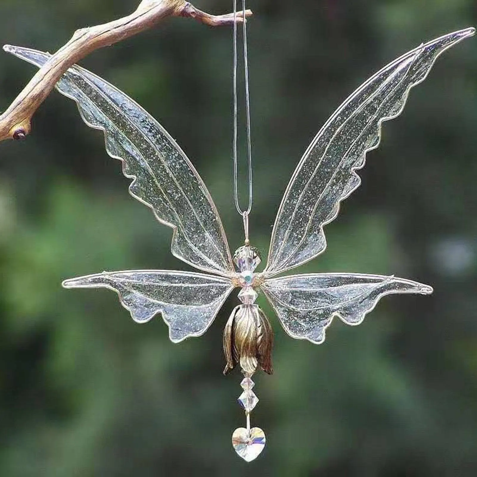 Classic Traditional Angel Shaped Hanging Decor Crystal Guardian Angel Wing Sun Catcher with Wind Chimes - Hook-Included Light-Reflective Decorative Hanging Sculpture for Home, Garden Gifting, Outdoors