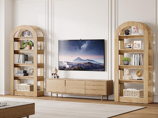 Tribe 5-Tier Bookshelf, Arch-Shaped Racks, Tall Standing Wooden Bookcase Display Shelf Modern Storage Solution Furniture Organizer