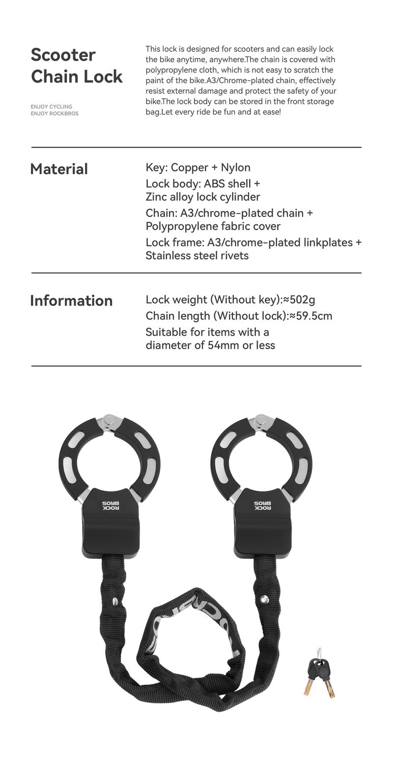 ROCKBROS Bike Lock Scooter Lock 23.4-Inch Heavy Duty Anti-Theft Chain Lock with Key E-Bikes Accessories