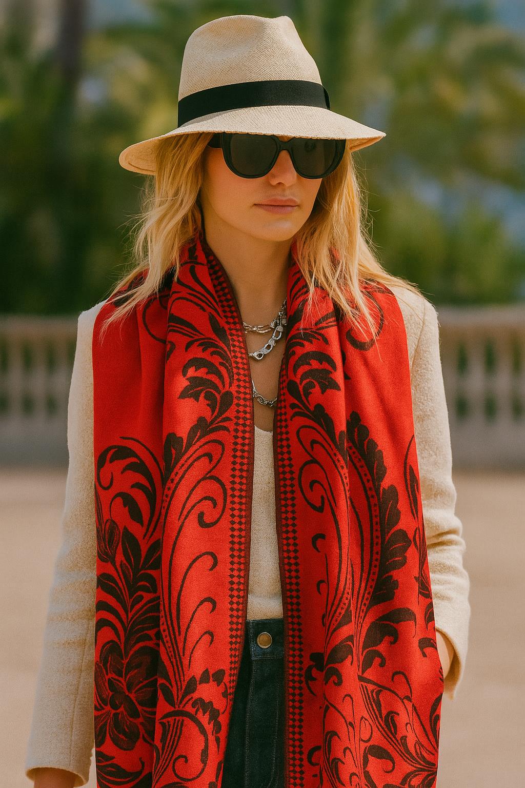 Women's Reversible Floral Boho Scarf - Oversized Shawl with Fringe Details Lightweight Soft Fabric Intricate Floral Design Classic Fringed Hem Elegant Layering Accessory