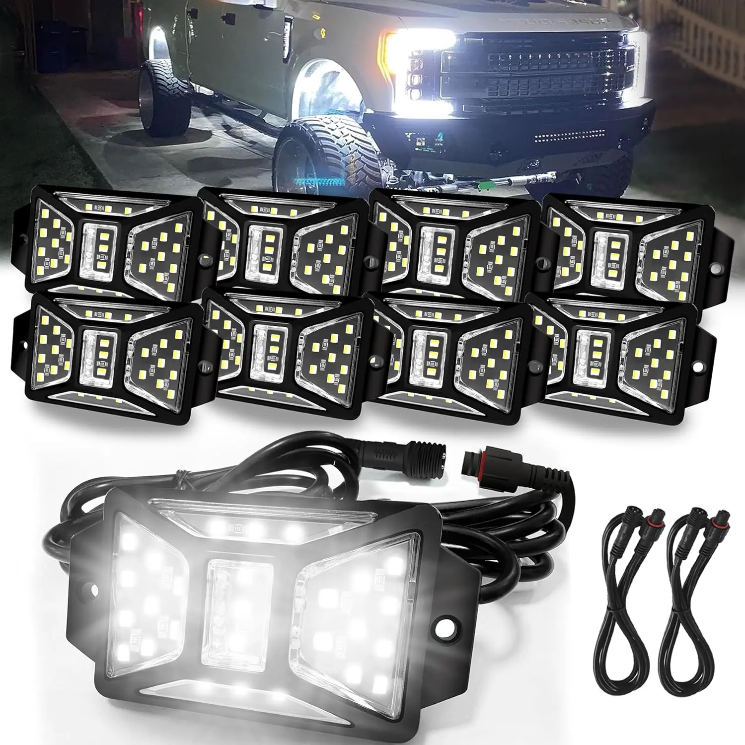 8-Pod Pure White Waterproof Rock Lights Kit with 2-Pack Connectors, Extension Wires, 2-Path Mess-Free Wiring Underglow, Car LED Lights for Trucks, Jeeps, UTVs