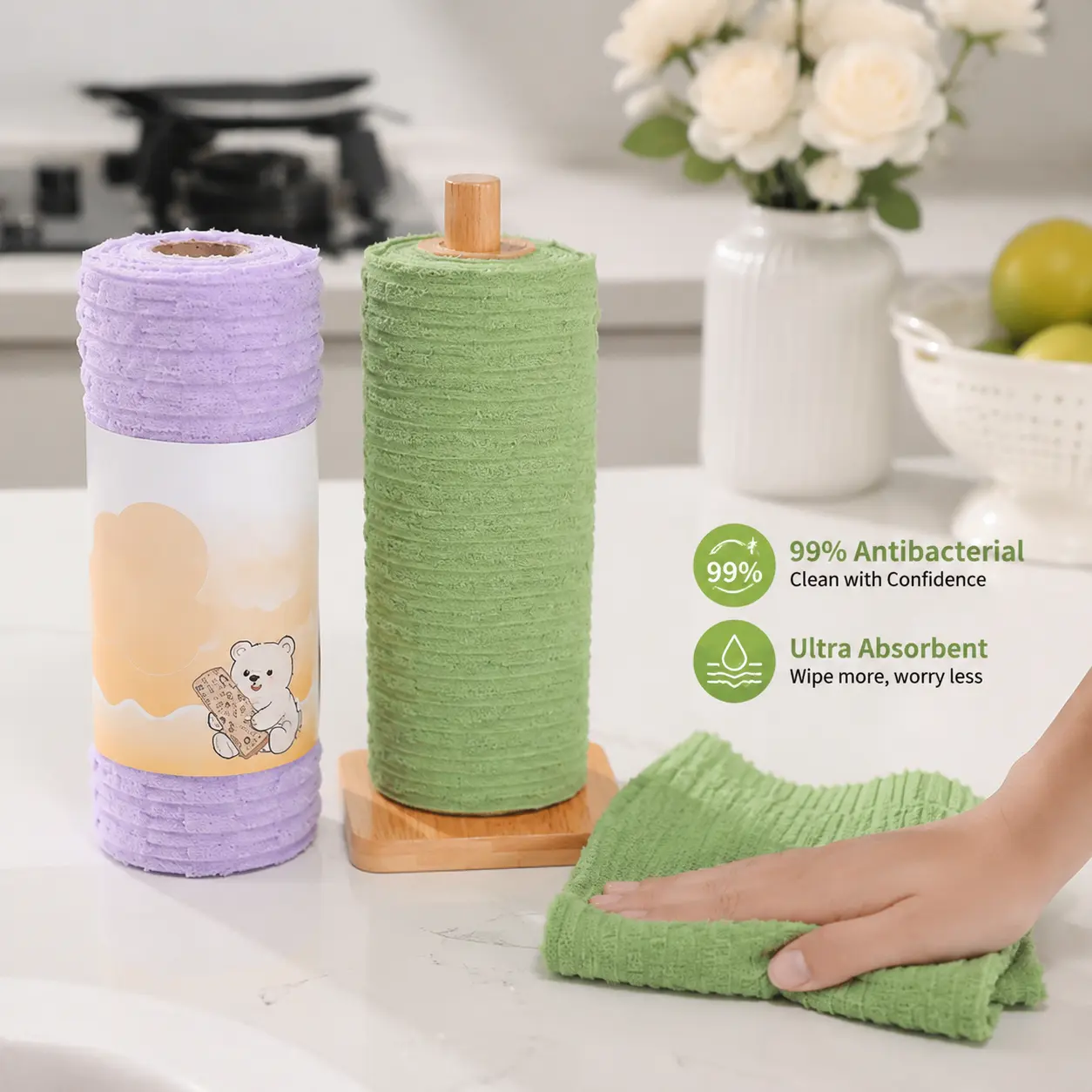 1 Count, Tearable Plush Cleaning Cloth Roll, for daily household cleaning of tableware, cooktop, glassware and cabinets