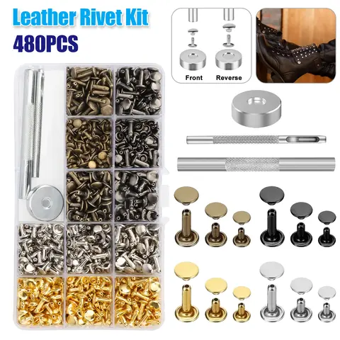 480-Piece DIY Leathercraft Sewing Tool Kit - Leather & Fabric Craft Hand Tools, 3-Size 4-Color 8mmx8mm Rivets (Including Bronze), Hole Punch, Belt Hole Puncher, Anvil for Rivet Set, Compact Box Storage for Shoes Repair & Decorations