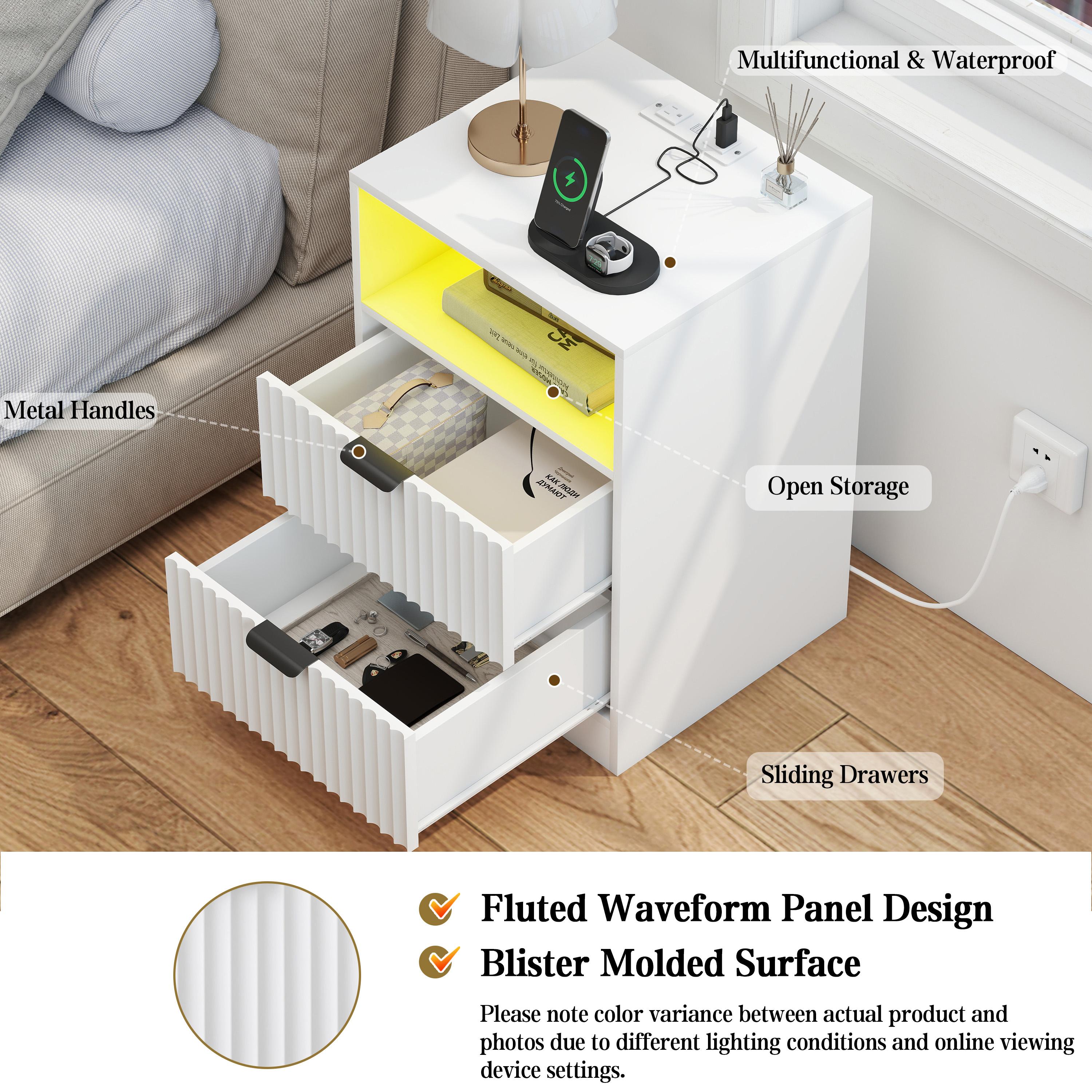 Night Stand Set 2, LED Nightstand with Charging Station,Wood Side Table,Fluted NightStands with 2 Drawers, End & Bedside Tables for Bedroom Sofa Office,Natural Oak