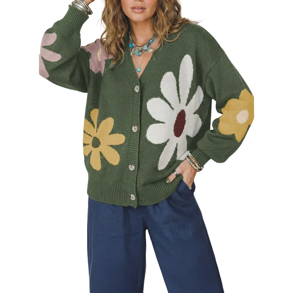 Dokotoo Cardigan Sweaters for Women Casual V Neck Long Sleeve Button Down Floral Loose Sweater Tops Fall Outfits
