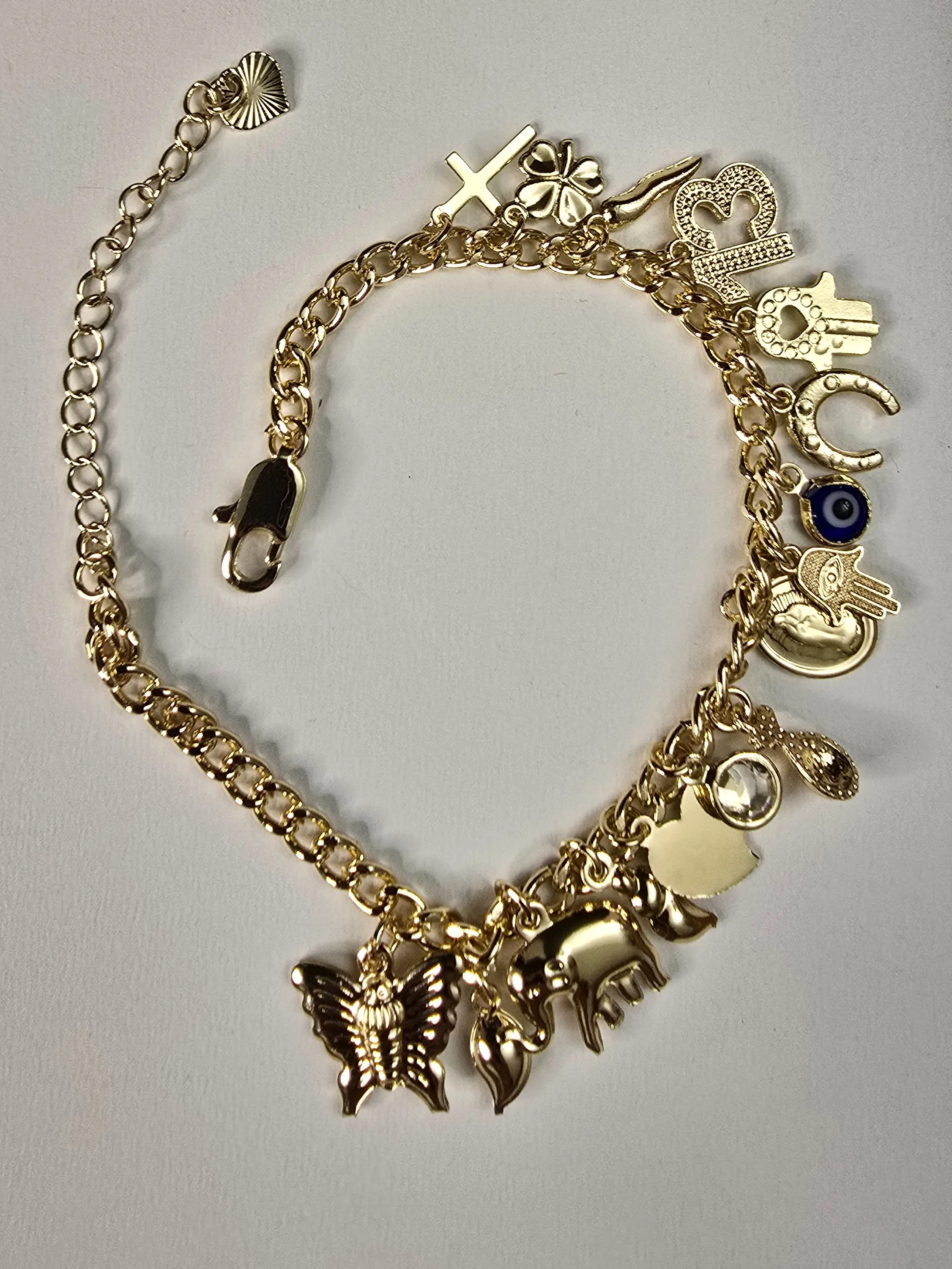 Gold-Finish Charm Bracelet & Bangle Set - Adjustable, 16 Charms, 7 in Length, Dual Bracelet-Anklet Design, Positive Energy Fashion Accessory