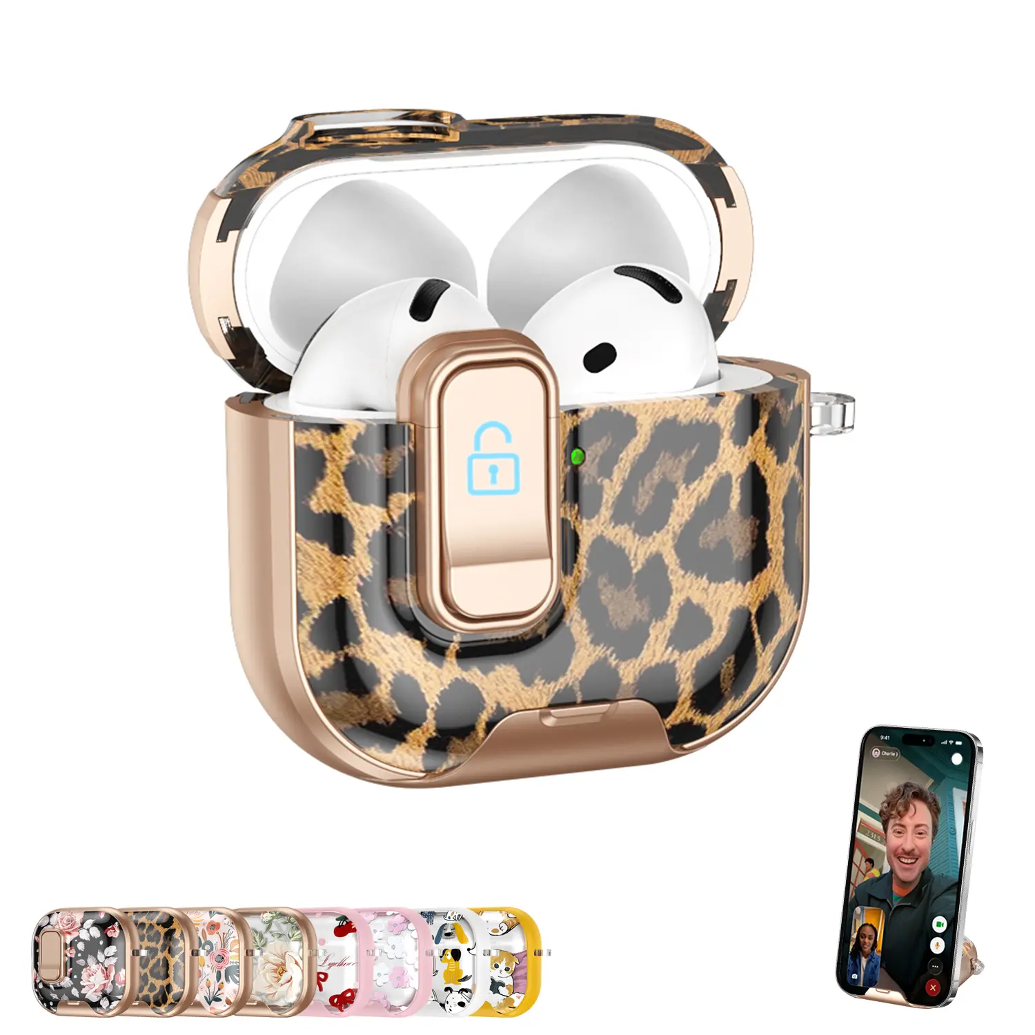 One-Click Secure Lock Case For Apple For AirPods 4 / 3 / 2 / 1 / Pro 3 / Pro2 / Pro Elegant Floral / Leopard Cheetah Print Phone Stand For Airpod Earbuds Earphones Headphones Protective Anti-Drop Matte TPU Shockproof Cover Carabiner Keychain Women Girly