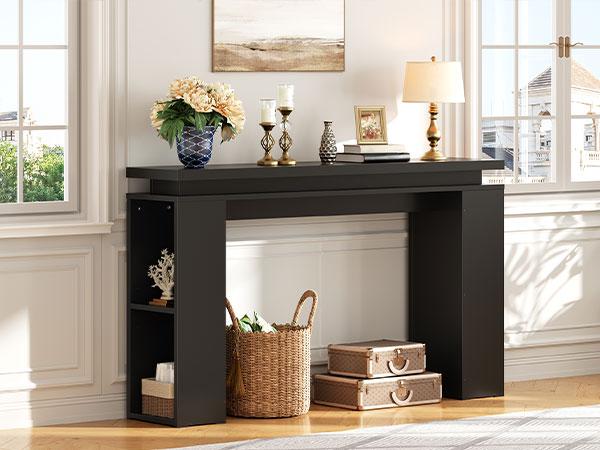 HOOBRO 47.2"  LED Console Table, Narrow Entryway Table with Floating Tabletop, Behind Couch Sofa Table for Hallway, Living Room, Adjustabl Side Shelves, Black
