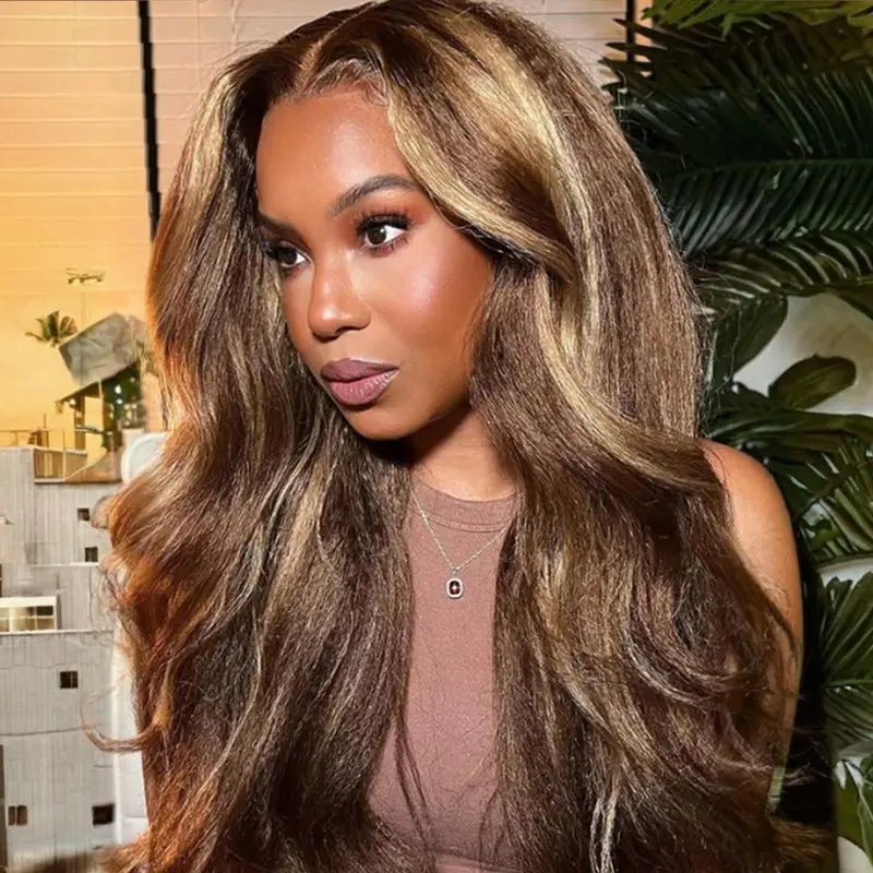CurlyMe Wear Go Glueless Highlight Color Pre-cut Transparent Lace Kinky Straight Hair Wigs - Pre-plucked