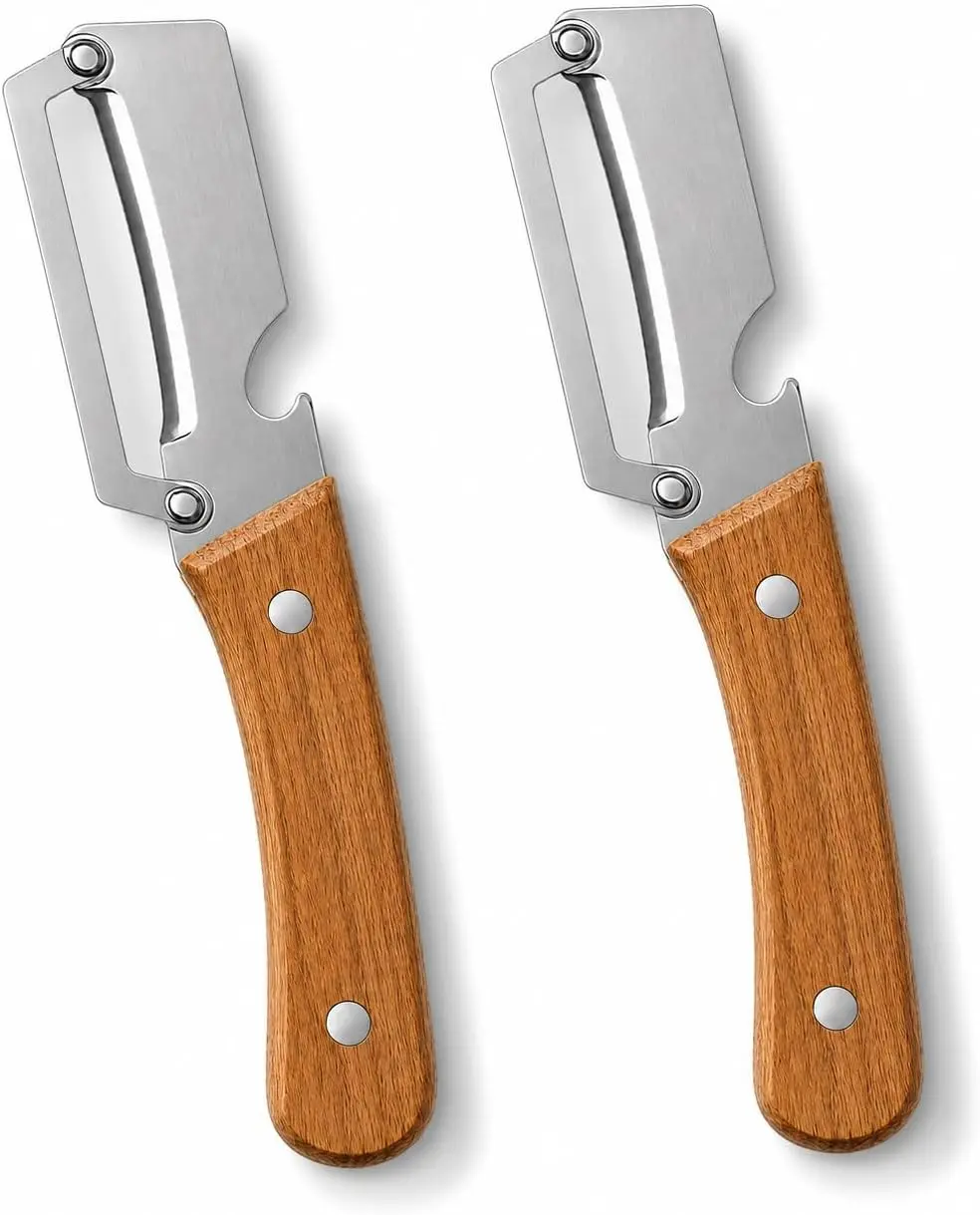 2PCS Multi-Use 2-in-1 Fruit Peelers - Wooden-Handled, Stainless Steel Blade, Bottle Opener, Durable Home Cooking & Camping Tool for Thin Even Peels, Lefties-Friendly Handed Versions, SummerVibes