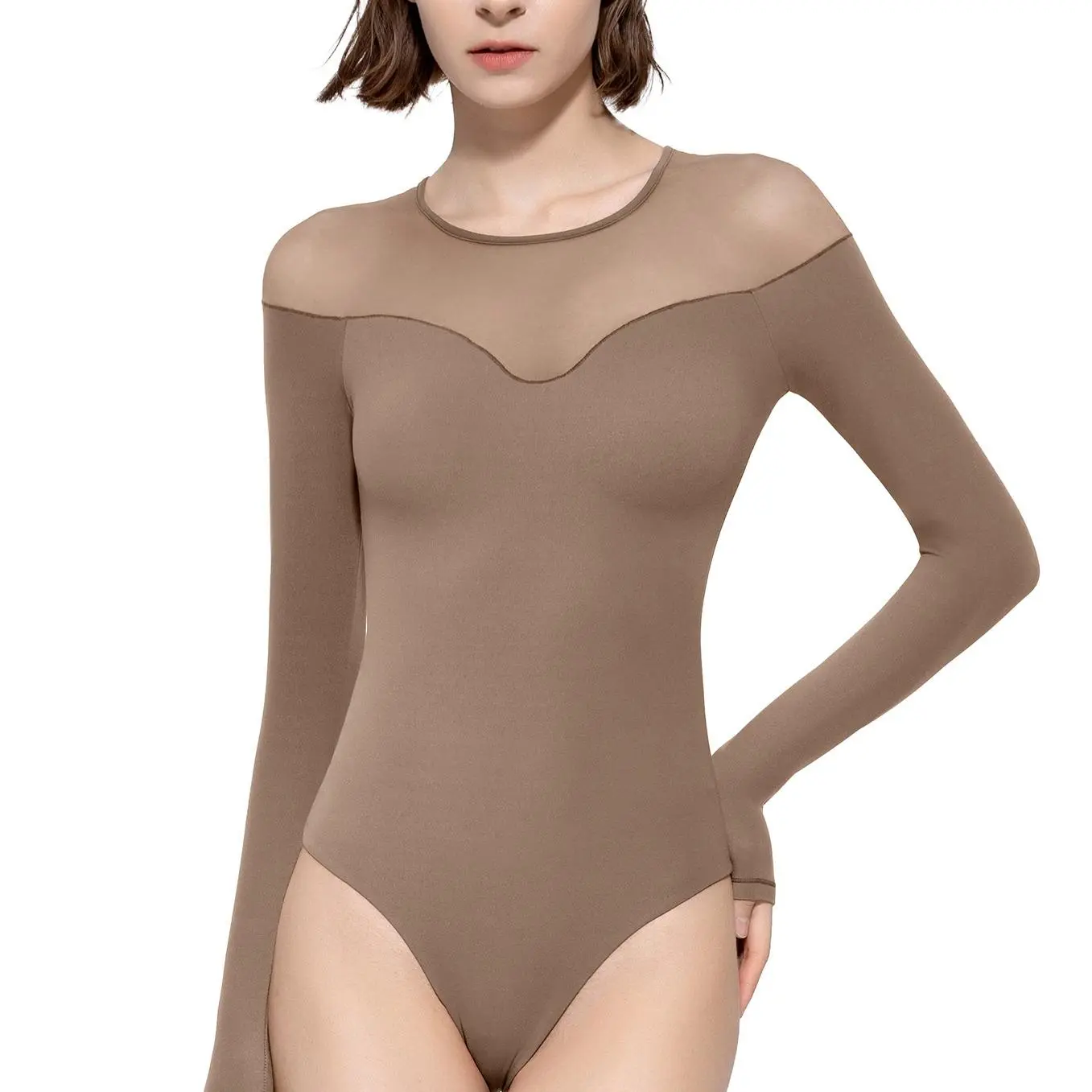 PUMIEY Sexy Mesh Bodysuit  Women Crew Neck Long Sleeve Body Suits Womenswear Tops Minimalist Lady Comfort Longsleeves Basic Bodysuit  Chanclas Summervibes summerwins