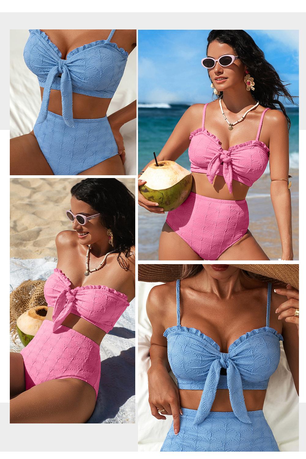 Aleumdr Women's Seashell Textured Bikini Sets Knotted Front 2 Piece Swimsuits Ruffle Trim Bathing Suits SpringStatements Aleumdr Women's Seashell Textured Bikini Sets Knotted Front 2 Piece Swimsuits Ruffle Trim Bathing Suits SpringStatements