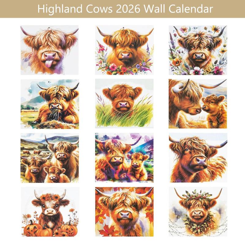 Highland Cow Calendar 2026, 12 Month Wall Calendar, Watercolour Cows Monthly Planner Scottish Wall Art Decor For Animal Lovers