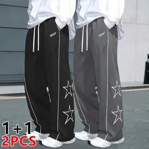 Men’s 2-Pack Woven Fabric Jogger Pants – Sports Casual for Spring/Autumn, Star Pattern, Plus Size, Stretch Waistband, Regular Loose Fit, Comfortable, Versatile Straight-Leg Design with Side Cargo Pockets, Trendy Fashion Men’s Pants