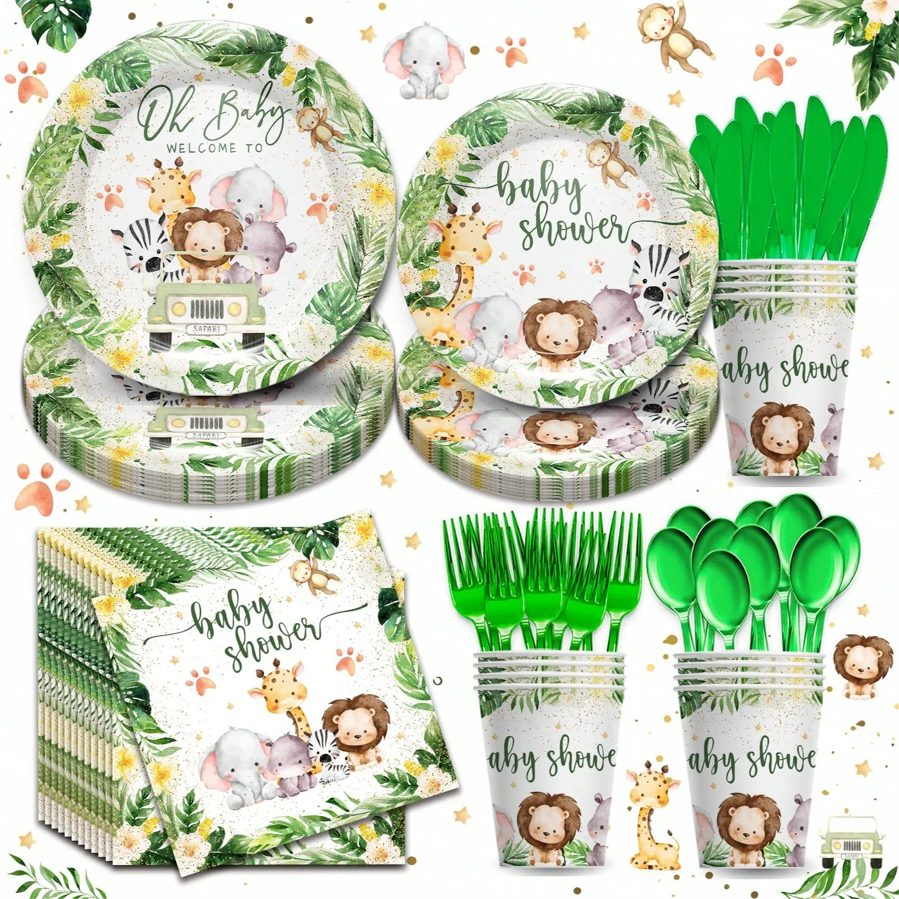 168Pcs Jungle Theme Cartoon Playful Disposable Tableware Supplies Set Bundle for 24 Guests - Plates& Cups, Napkins, Party Decor for Happy Birthday