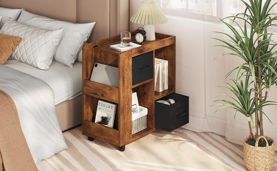 Yaheetech Rolling End Table with Storage, Foldable Fabric Drawers & Magazine Racks, Multi-Storage Wooden Side Table with Wheels for Living Room & Home Office