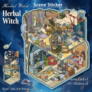 [Herbal witch Scene] 3D Scene Sticker Including a tweezers DIY Cute Cartoon Creative Stickers for Scrapbooking Making DIY Decorative Stickers for Crafting