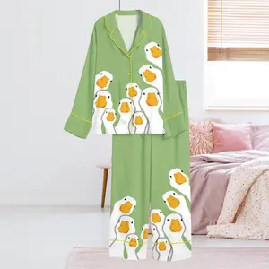 Green Duck Print Pajama Set, Long Sleeve Button Up Top & Elastic Waist Pants, Cute Goose Pattern Sleepwear, Cozy Loungewear Gift for Women