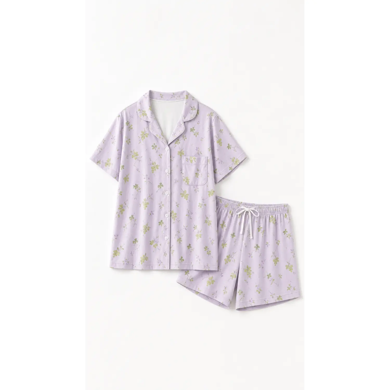 Lavender Floral Pajama Set for Women, Short-Sleeve Collared Button-Front Top with Chest Pocket and Drawstring Shorts, Comfortable Sleepwear Loungewear